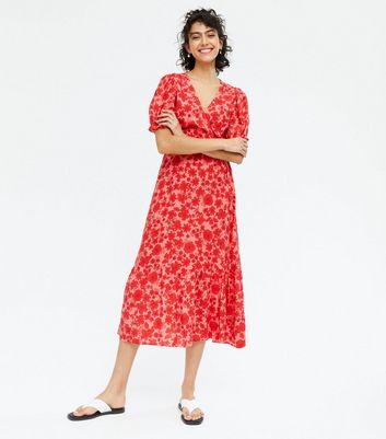 Red Floral Tiered Wrap Midi Dress | New ...